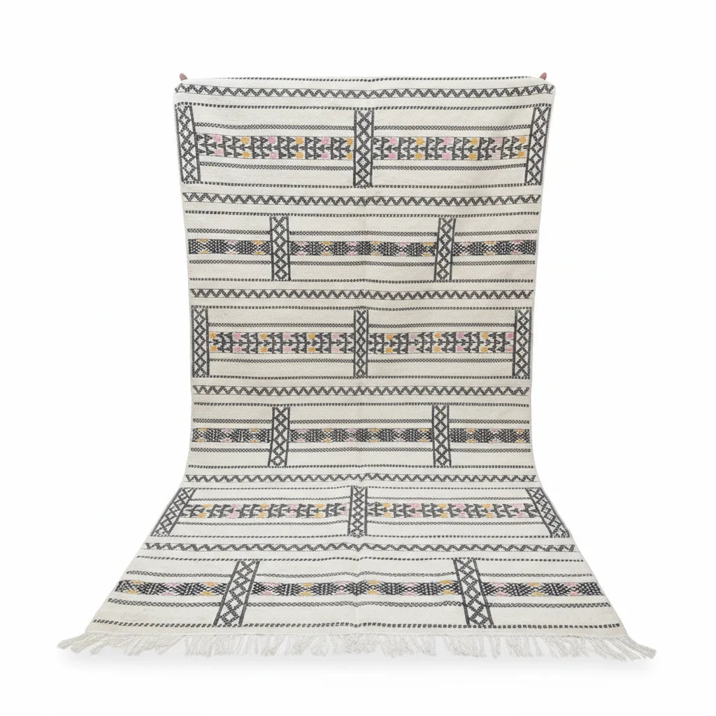 Tectonic Charcoal & Ivory Moroccan Kilim – Handmade Flat-Weave Geometric Wool Rug
