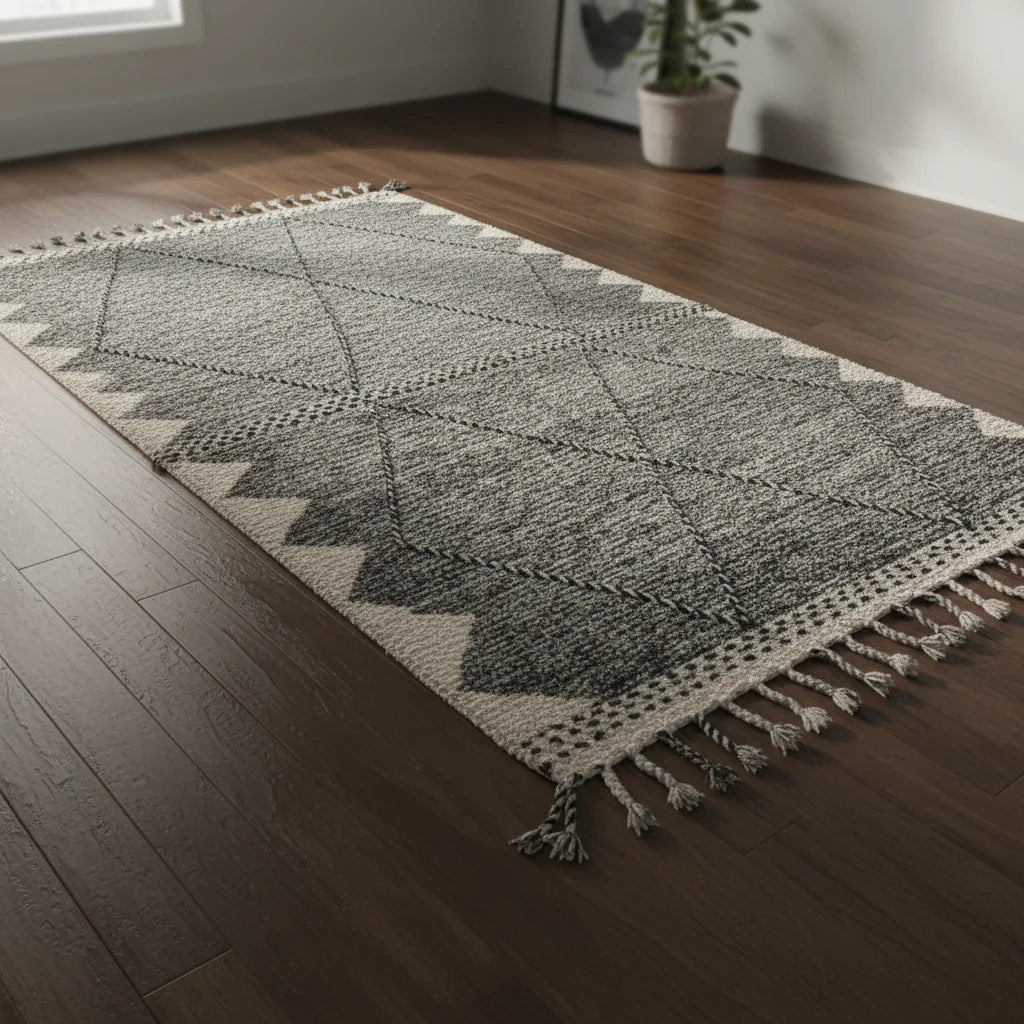 Tonal Ivory Beni Ourain Runner – Handmade Minimalist Diamond Lattice Wool Shag
