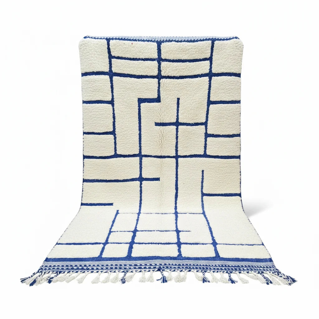 Modern Blue Grid Moroccan Beni Ourain Rug – Handmade Geometric Wool Shag