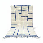 Modern Blue Grid Moroccan Beni Ourain Rug – Handmade Geometric Wool Shag