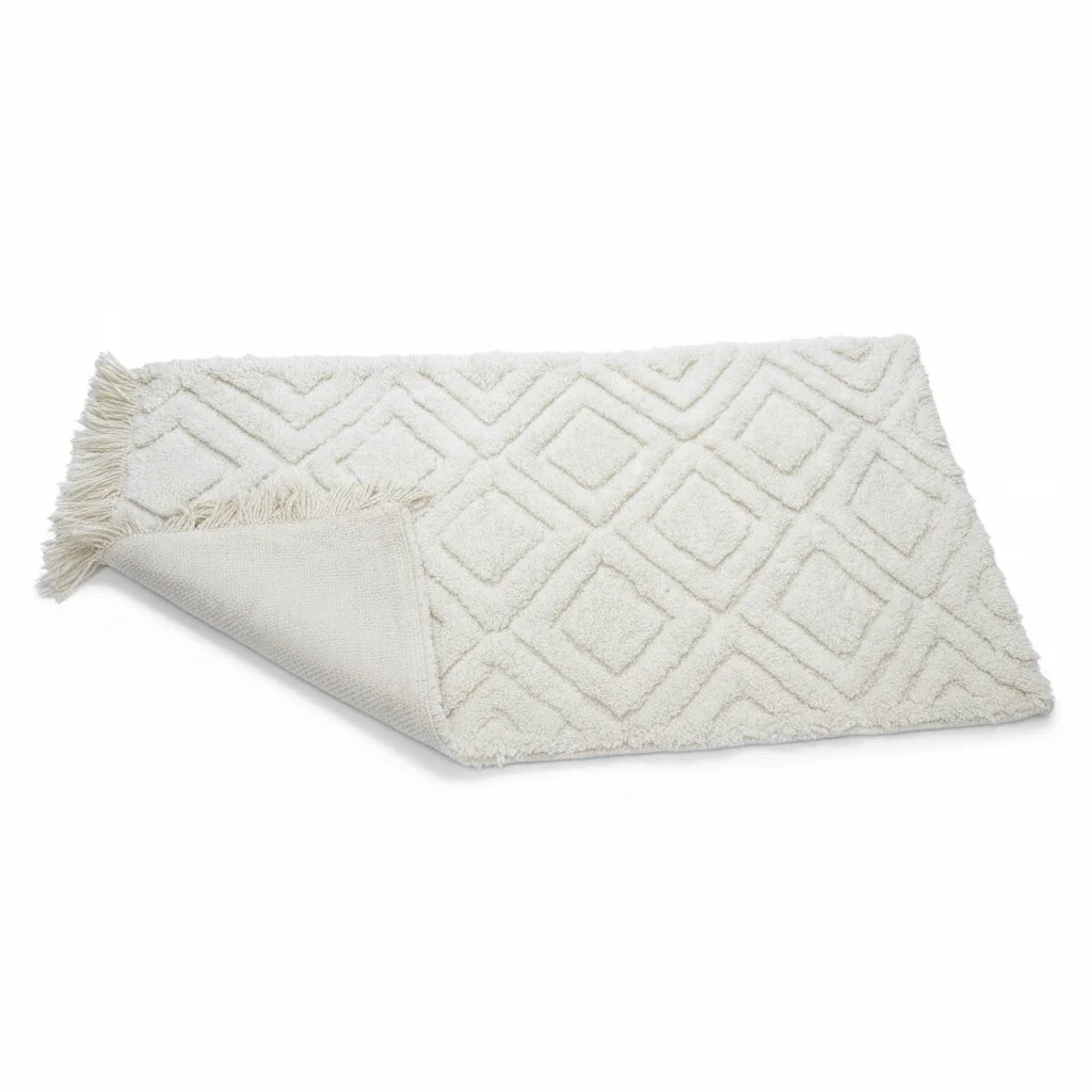 Tonal Ivory Beni Ourain Rug – Handmade Minimalist Diamond Lattice Wool Shag