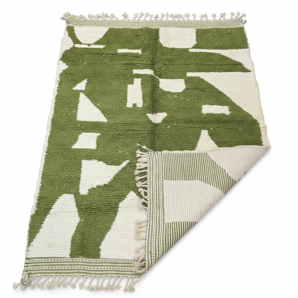 Modern Olive Green & Ivory Moroccan Wool Rug - Handmade Abstract Geometric Shag