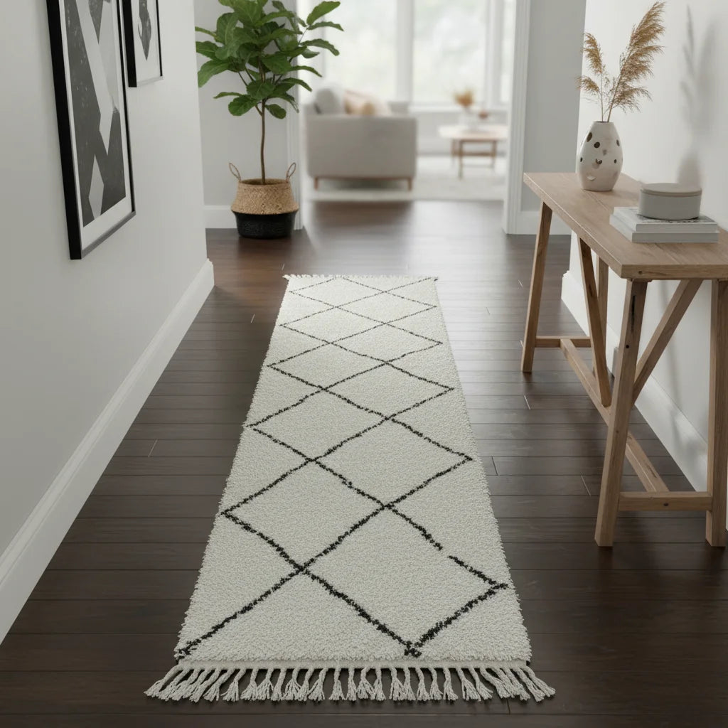 Classic Beni Ourain Moroccan Runner – Handmade Black Diamond Wool Shag
