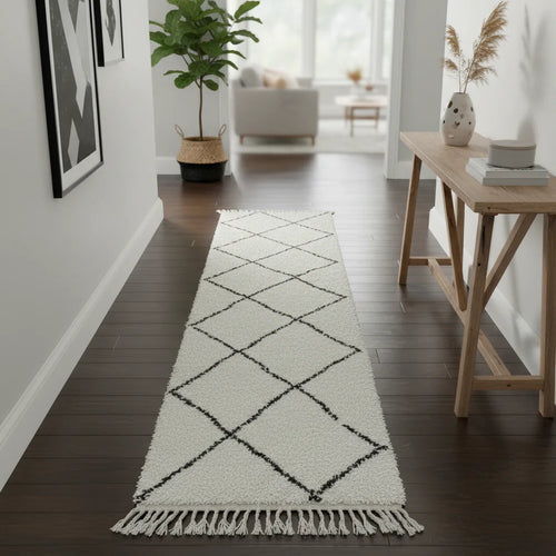 Classic Beni Ourain Moroccan Runner – Handmade Black Diamond Wool Shag