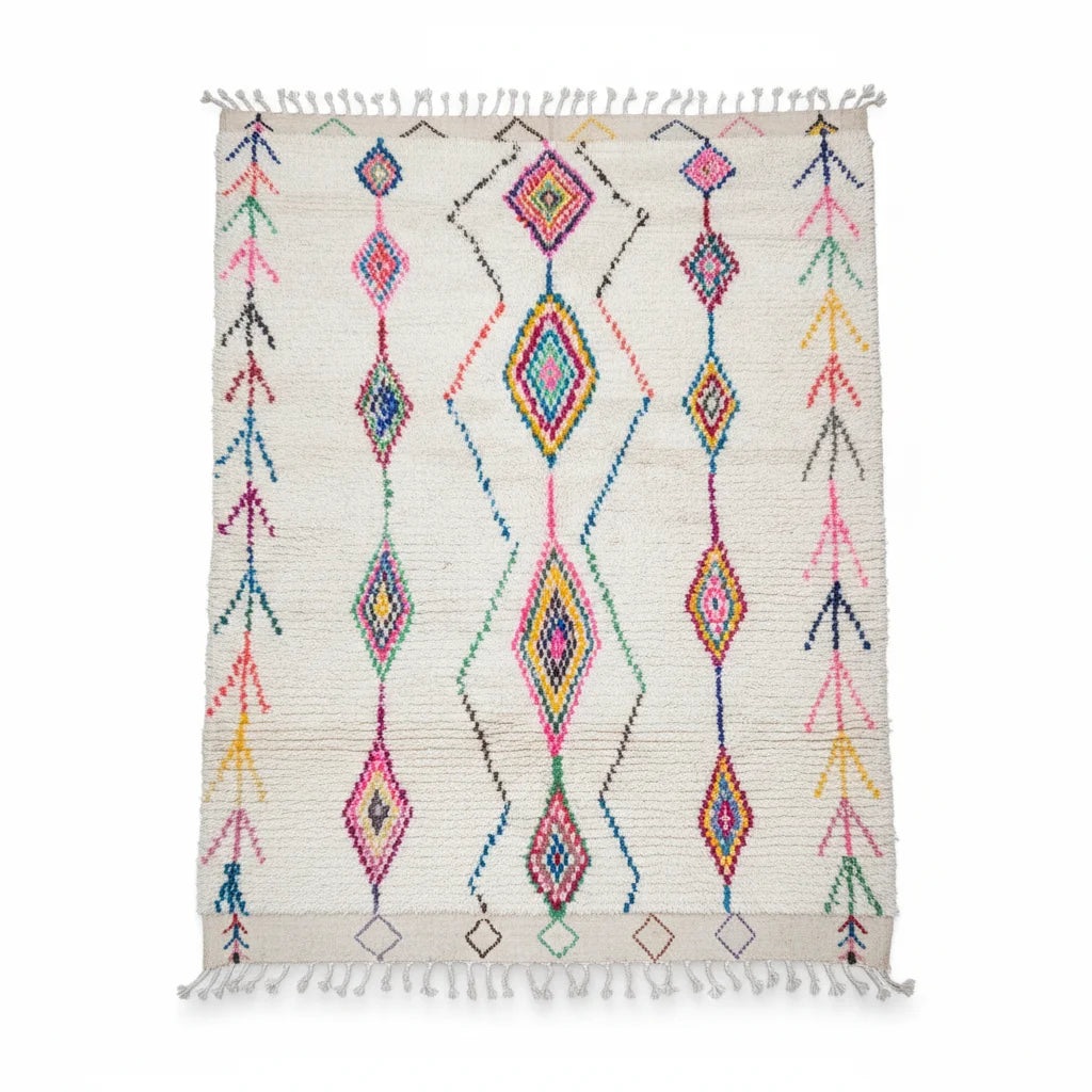 Authentic Moroccan Azilal Wool Rug - Rainbow Tribal Diamond Lattice Shag