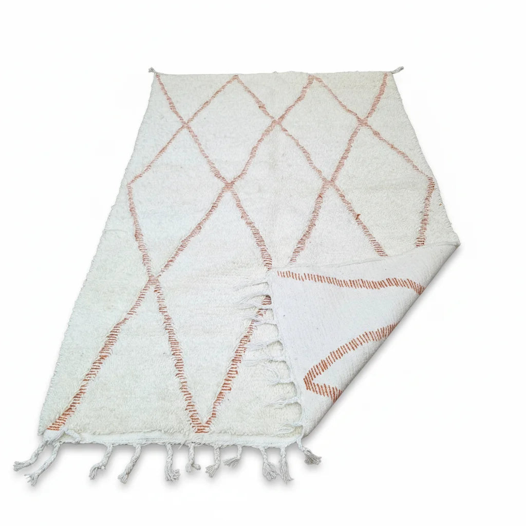 Handmade Moroccan Beni Ourain Wool Rug - White & Burnt Orange Diamond Shag
