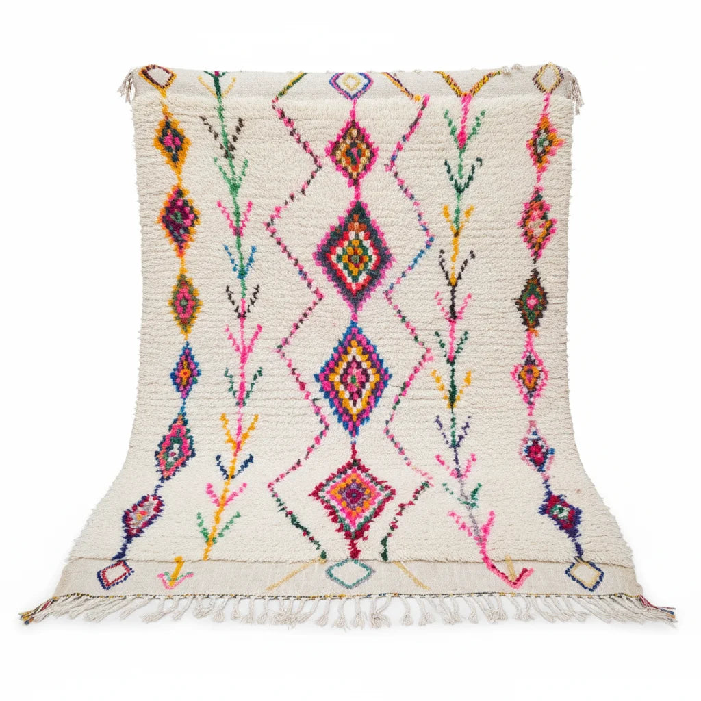 Colorful Handmade Moroccan Azilal Wool Rug - Rainbow Tribal Diamond Shag