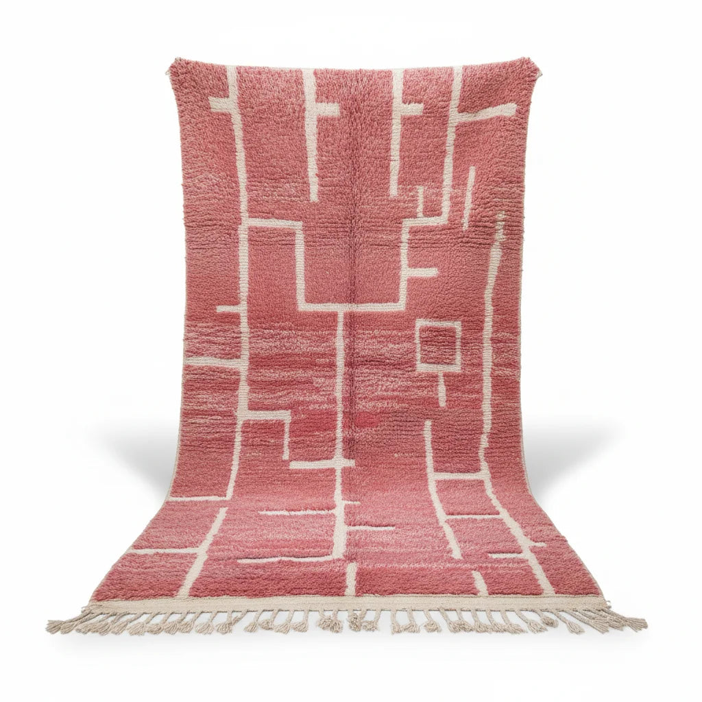 Modern Terracotta Pink & Ivory Moroccan Mrirt Rug – Handmade Abstract Geometric Shag