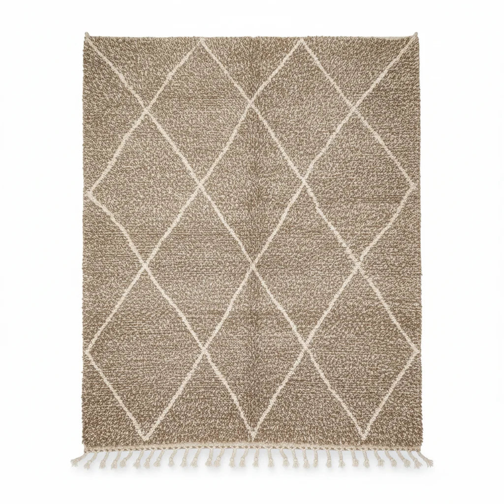 Sand-Toned Moroccan Beni Ourain Rug – Handmade Ivory Diamond Shag