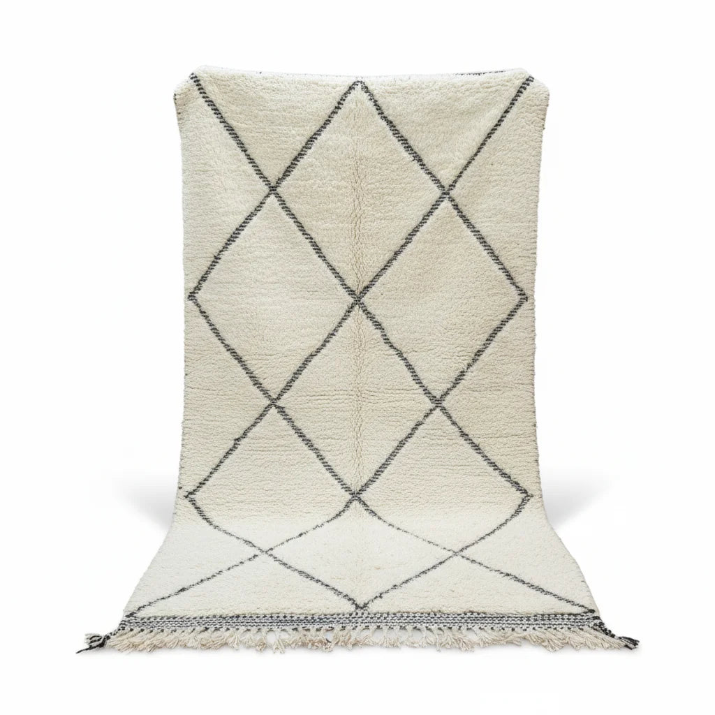 Classic Black Diamond Moroccan Beni Ourain Rug – Handmade Ivory Wool Shag