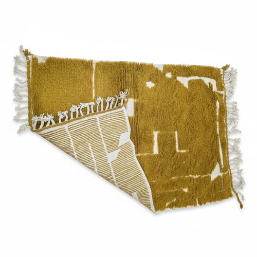 Abstract Mustard Gold Moroccan Azilal Rug – Handmade Distressed Wool Shag