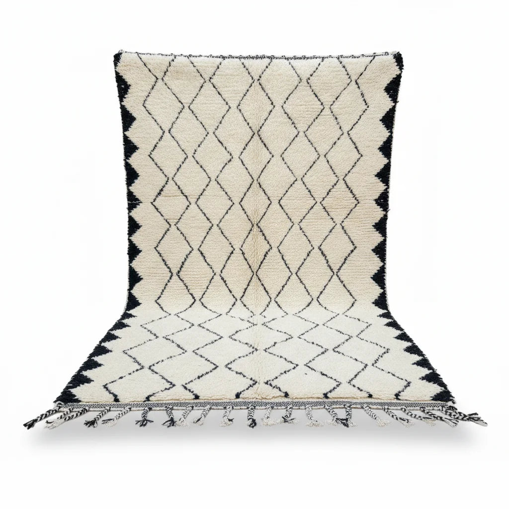 Sawtooth Border Beni Ourain Rug – Handmade Black Diamond & Zigzag Shag