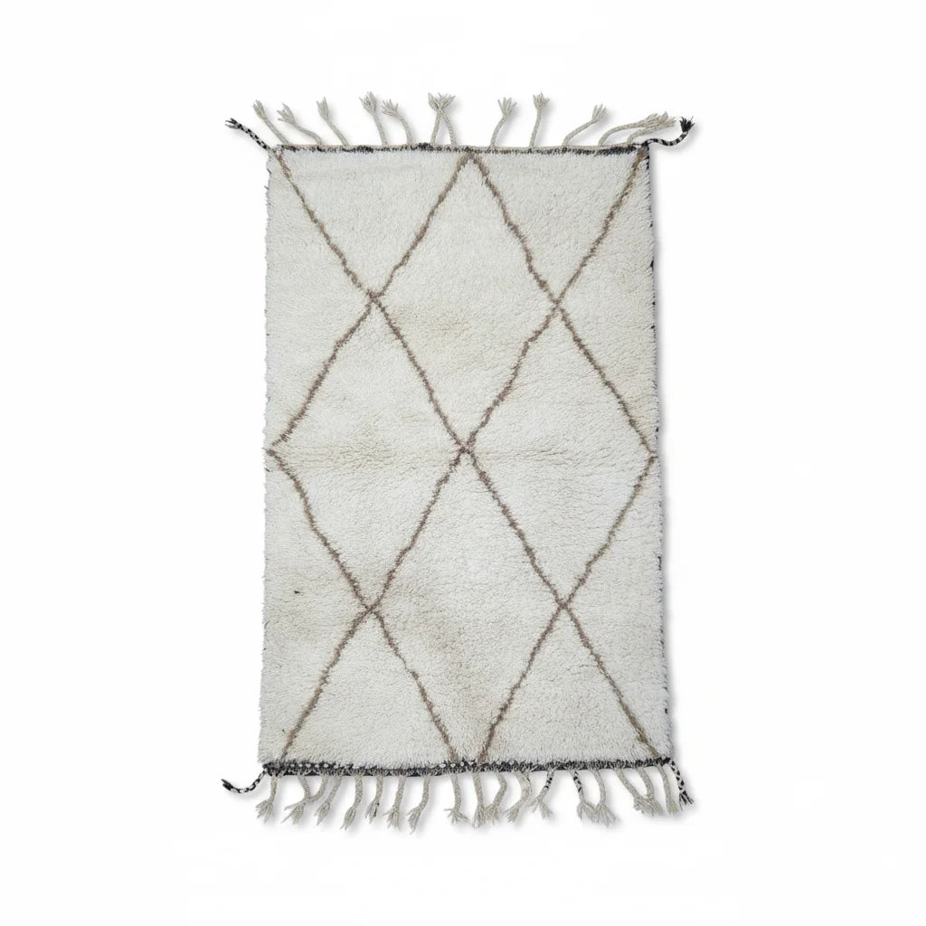 Earthy Brown Diamond Beni Ourain Rug – Handmade Organic Ivory Wool Shag