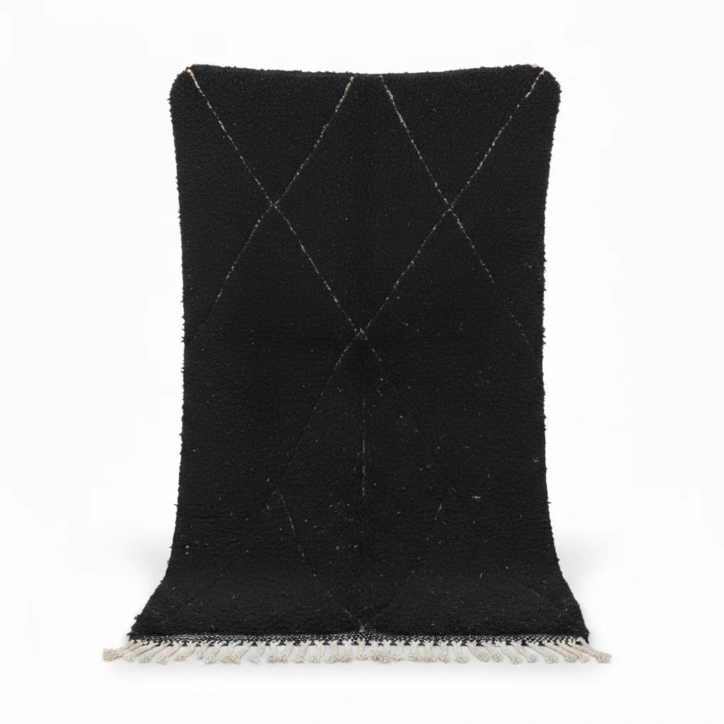 Modern Charcoal Black Beni Ourain Rug – Handmade White Diamond Lattice Shag