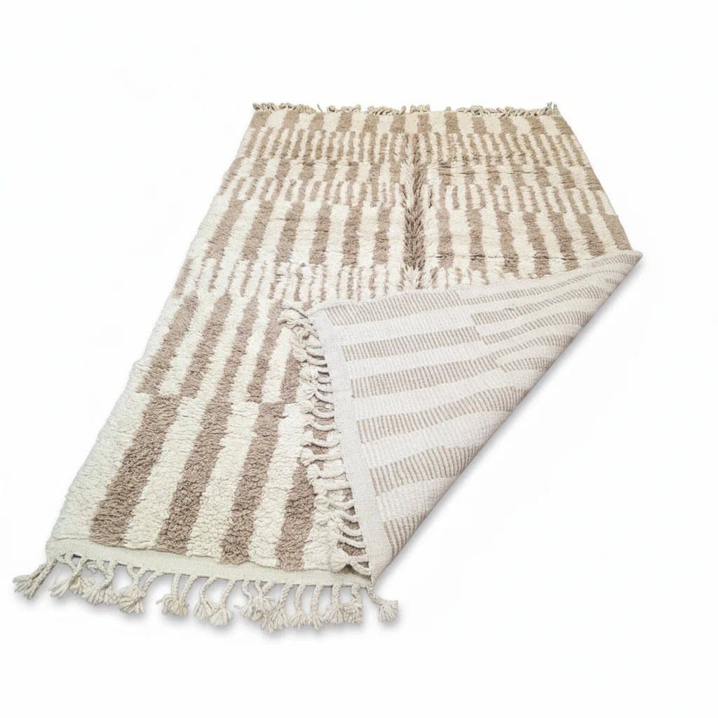 Premium Handmade Moroccan Mrirt Wool Rug – Neutral Earth Tone Broken Stripe Shag