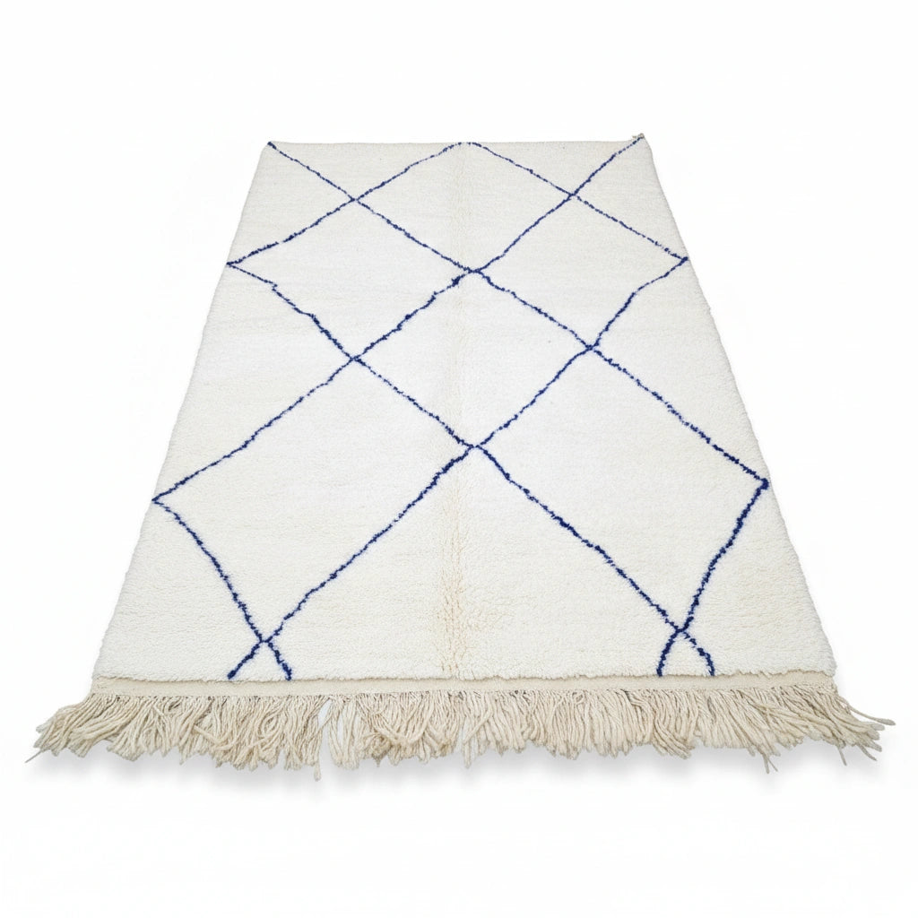 Handwoven Amazigh Beni Ourain Rug – Ivory Wool with Blue Diamond Pattern