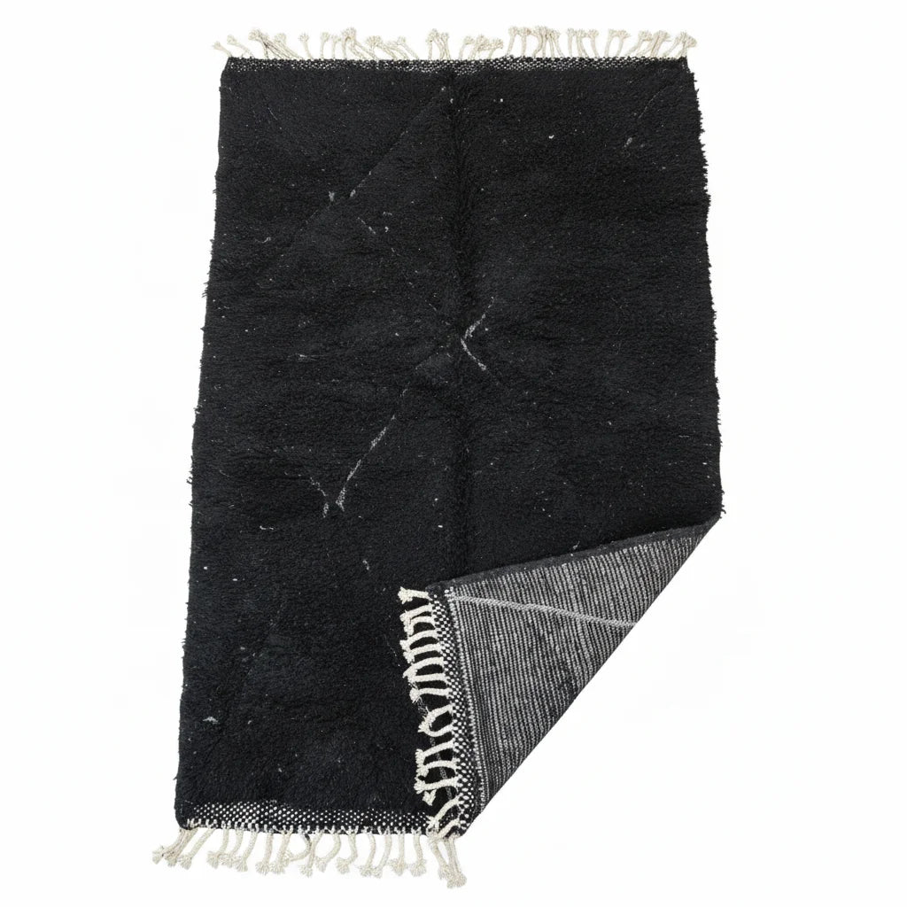 Modern Charcoal Black Beni Ourain Rug – Handmade White Diamond Lattice Shag