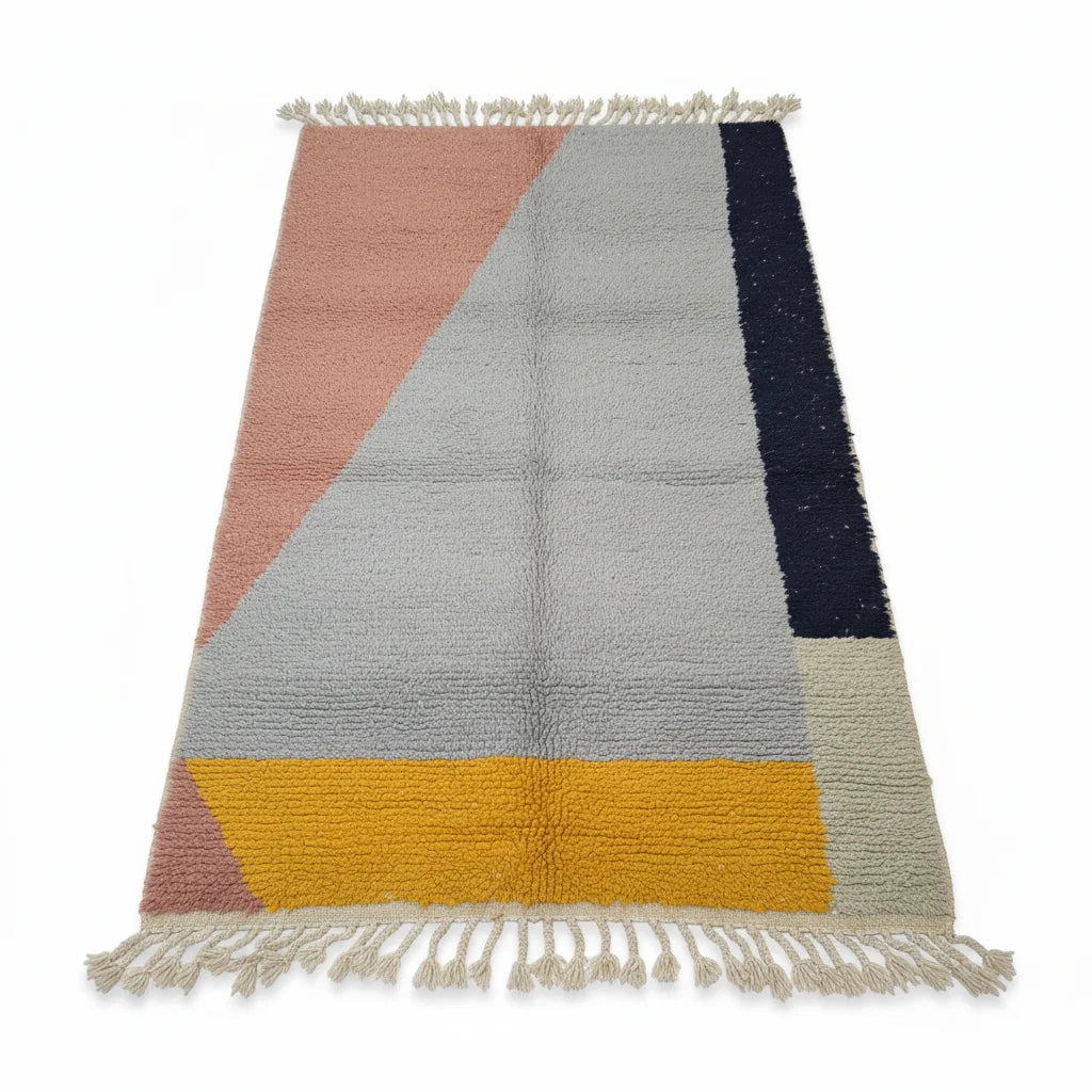Abstract Geometric Moroccan Azilal Rug – Handmade Multi-Color Patchwork Wool Shag