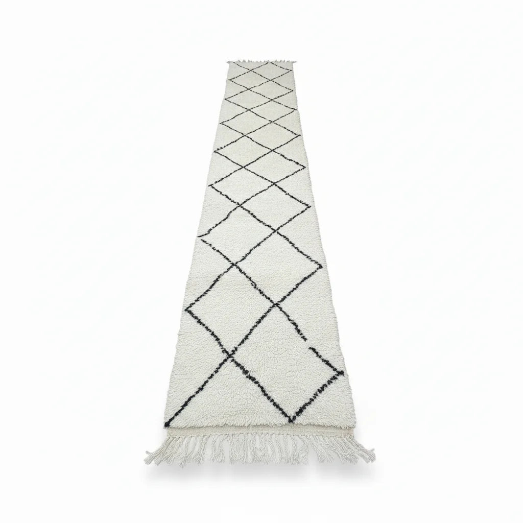 Classic Beni Ourain Moroccan Runner – Handmade Black Diamond Wool Shag