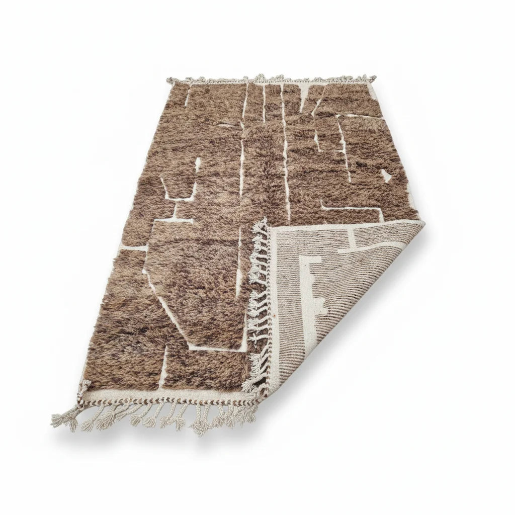 Modern Chocolate Brown & Ivory Moroccan Mrirt Rug - Handmade Abstract Block Shag
