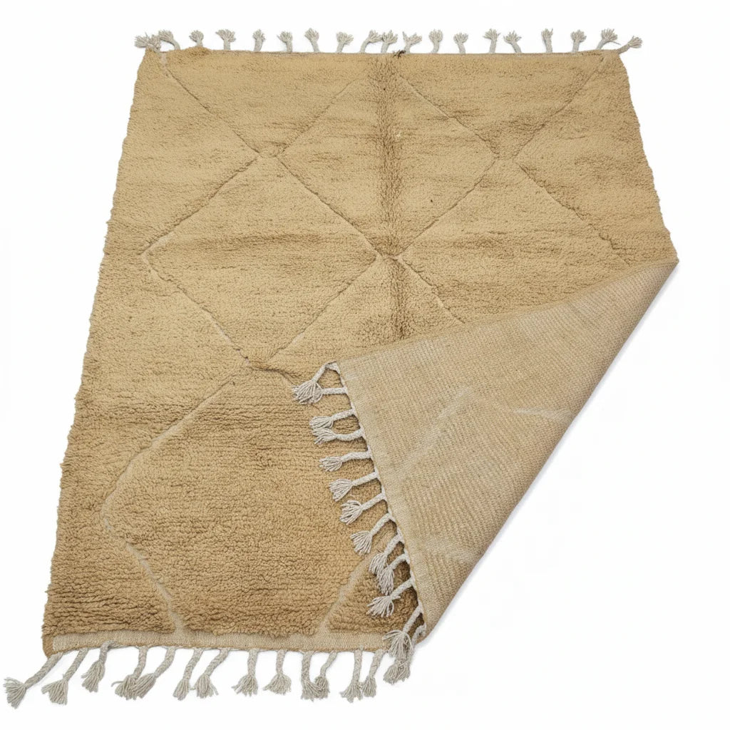 Honey Gold Moroccan Beni Ourain Wool Rug – Minimalist Tonal Diamond Shag
