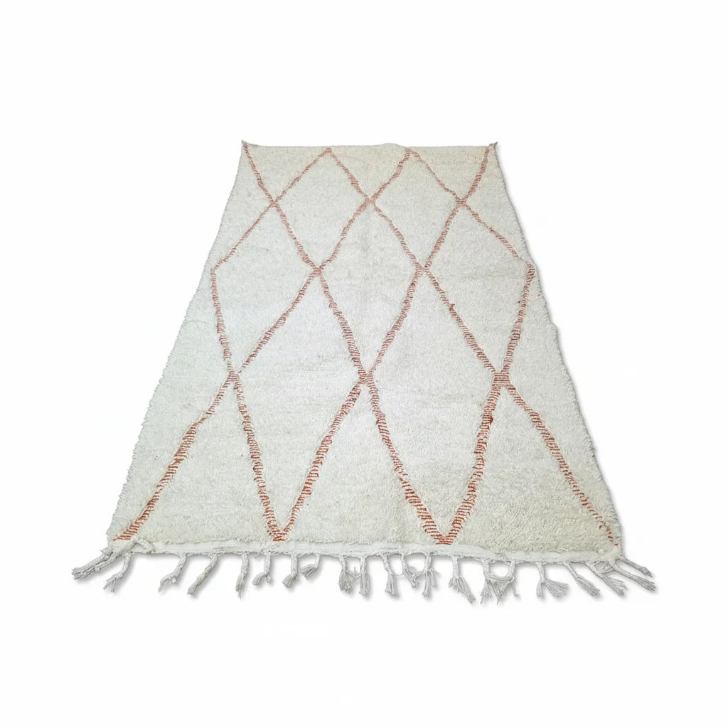 Handmade Moroccan Beni Ourain Wool Rug - White & Burnt Orange Diamond Shag