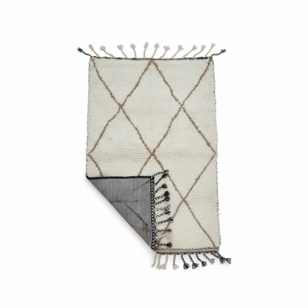 Earthy Brown Diamond Beni Ourain Rug – Handmade Organic Ivory Wool Shag