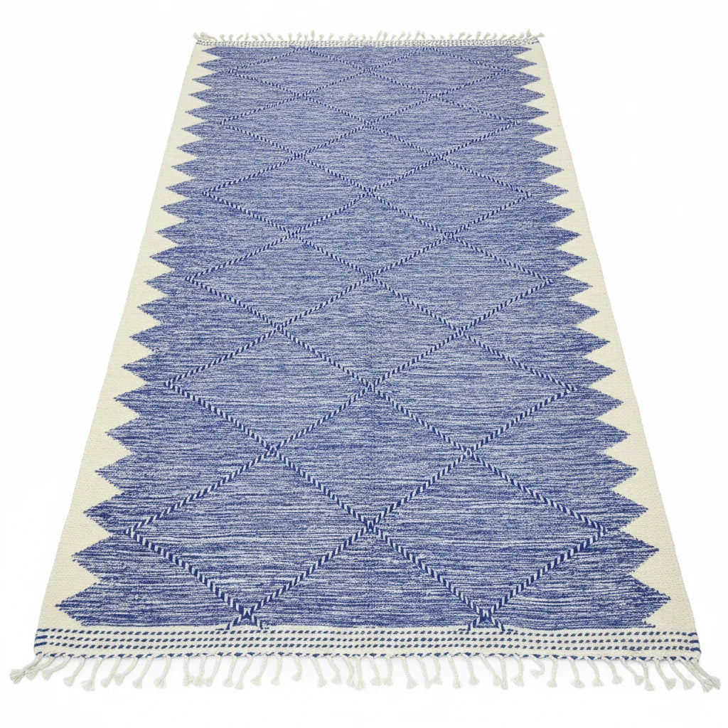 Royal Blue Geometric Moroccan Kilim – Handmade Flat-Weave Diamond Lattice Wool Rug