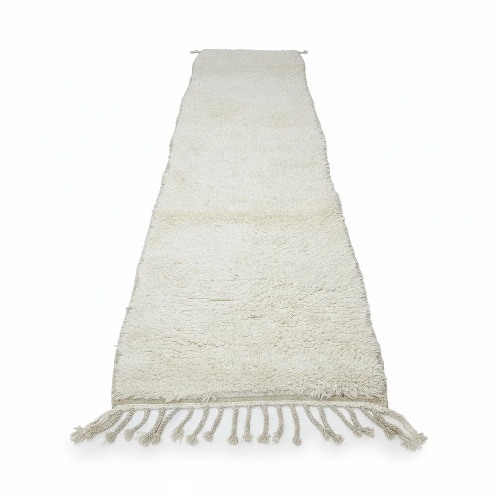Pure Ivory Beni Ourain Runner – Handmade Solid Cream Moroccan Wool Shag
