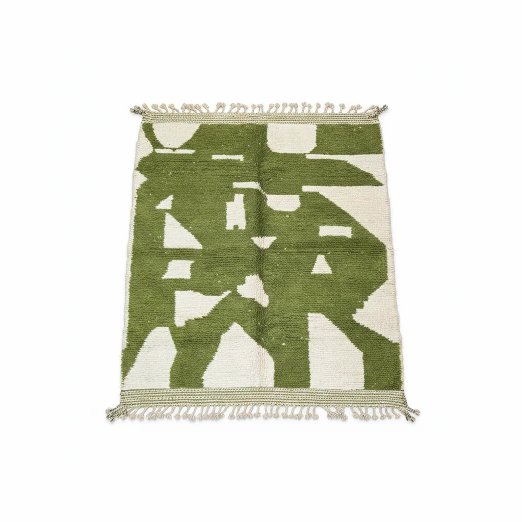Modern Olive Green & Ivory Moroccan Wool Rug - Handmade Abstract Geometric Shag
