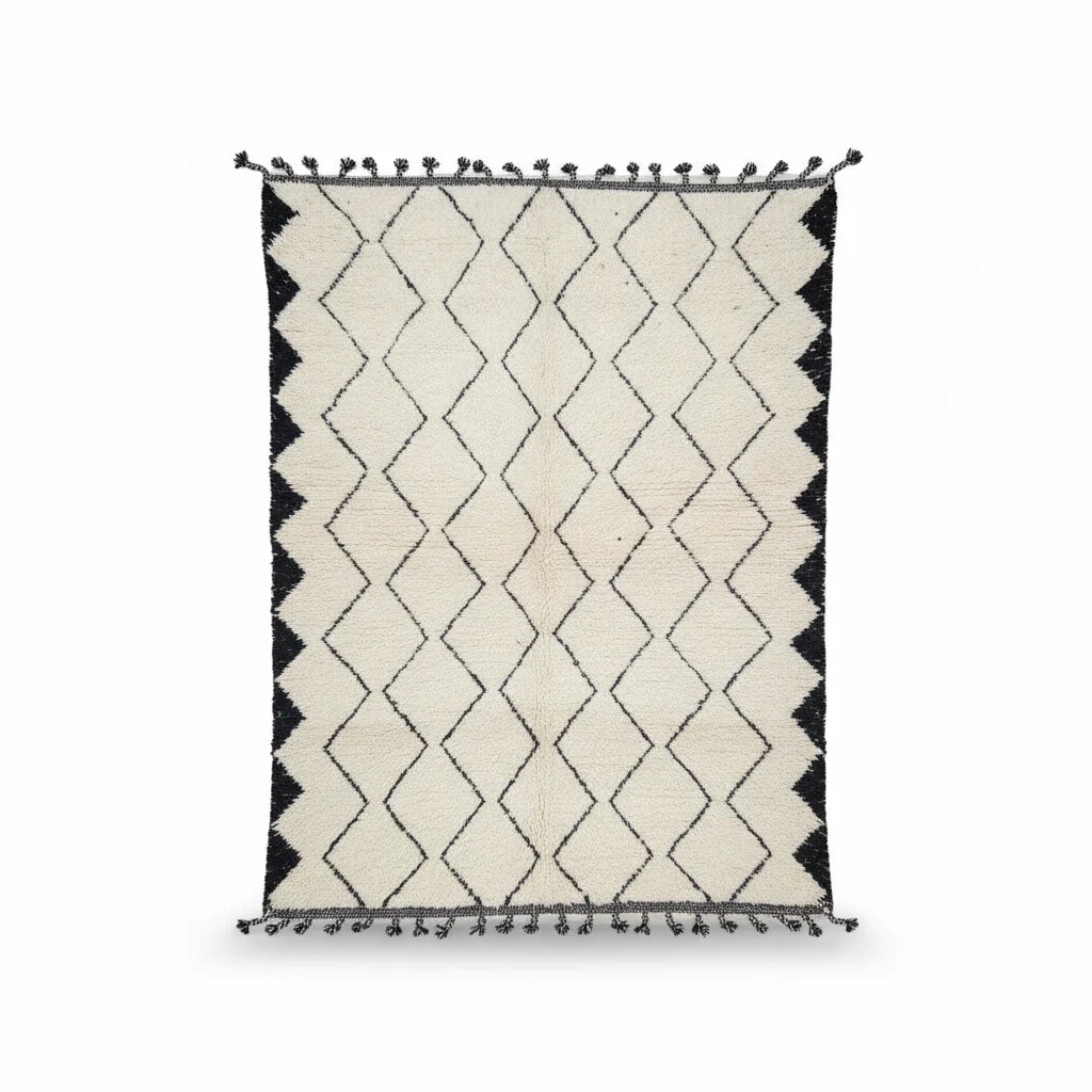 Sawtooth Border Beni Ourain Rug – Handmade Black Diamond & Zigzag Shag