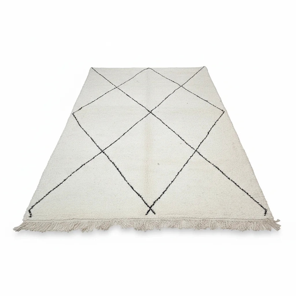 Modern Black Grid Moroccan Beni Ourain Rug – Handmade Geometric Wool Shag