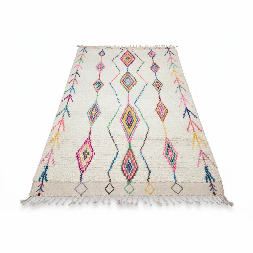 Authentic Moroccan Azilal Wool Rug - Rainbow Tribal Diamond Lattice Shag