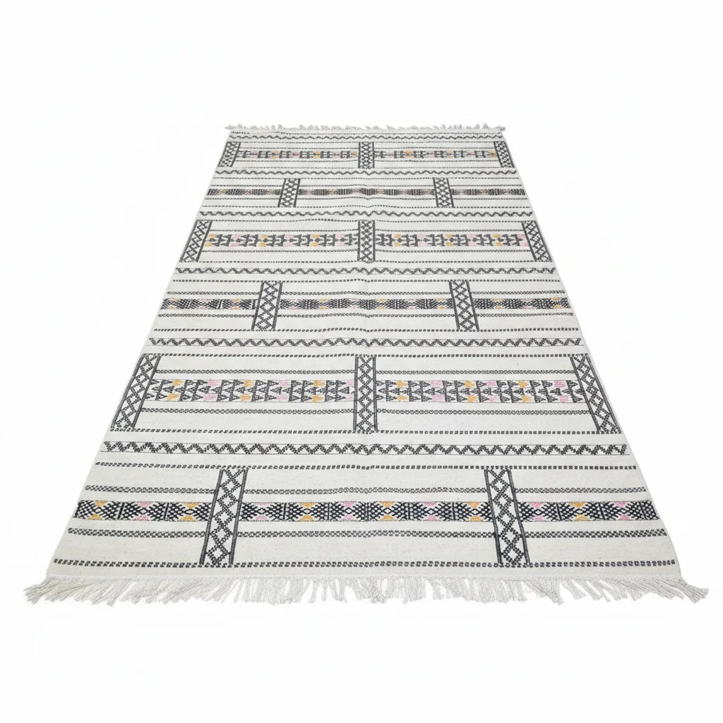 Tectonic Charcoal & Ivory Moroccan Kilim – Handmade Flat-Weave Geometric Wool Rug