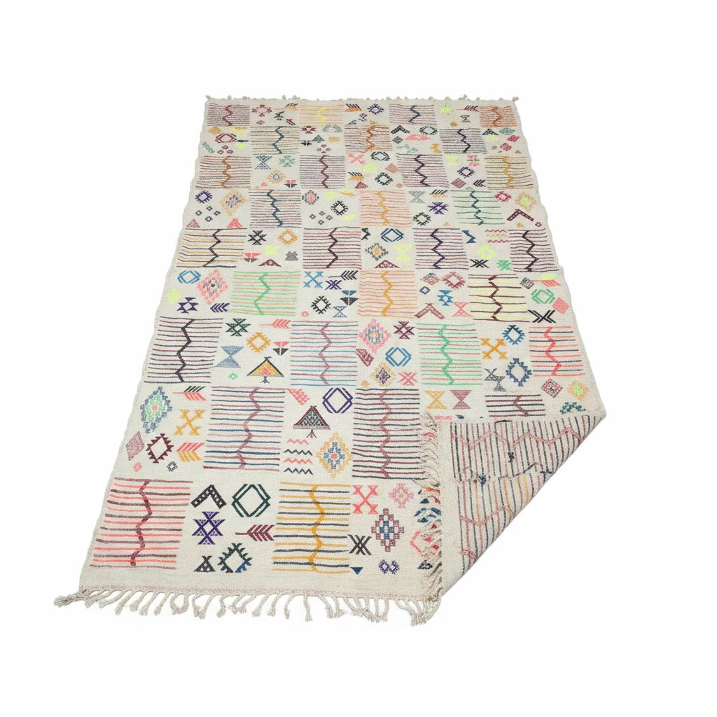 Rainbow Mosaic Azilal Moroccan Rug – Handmade Multi-Color Tribal Symbol Wool Flat-Weave