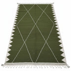 Olive Green Geometric Moroccan Kilim – Handmade Flat-Weave Diamond Lattice Wool Rug
