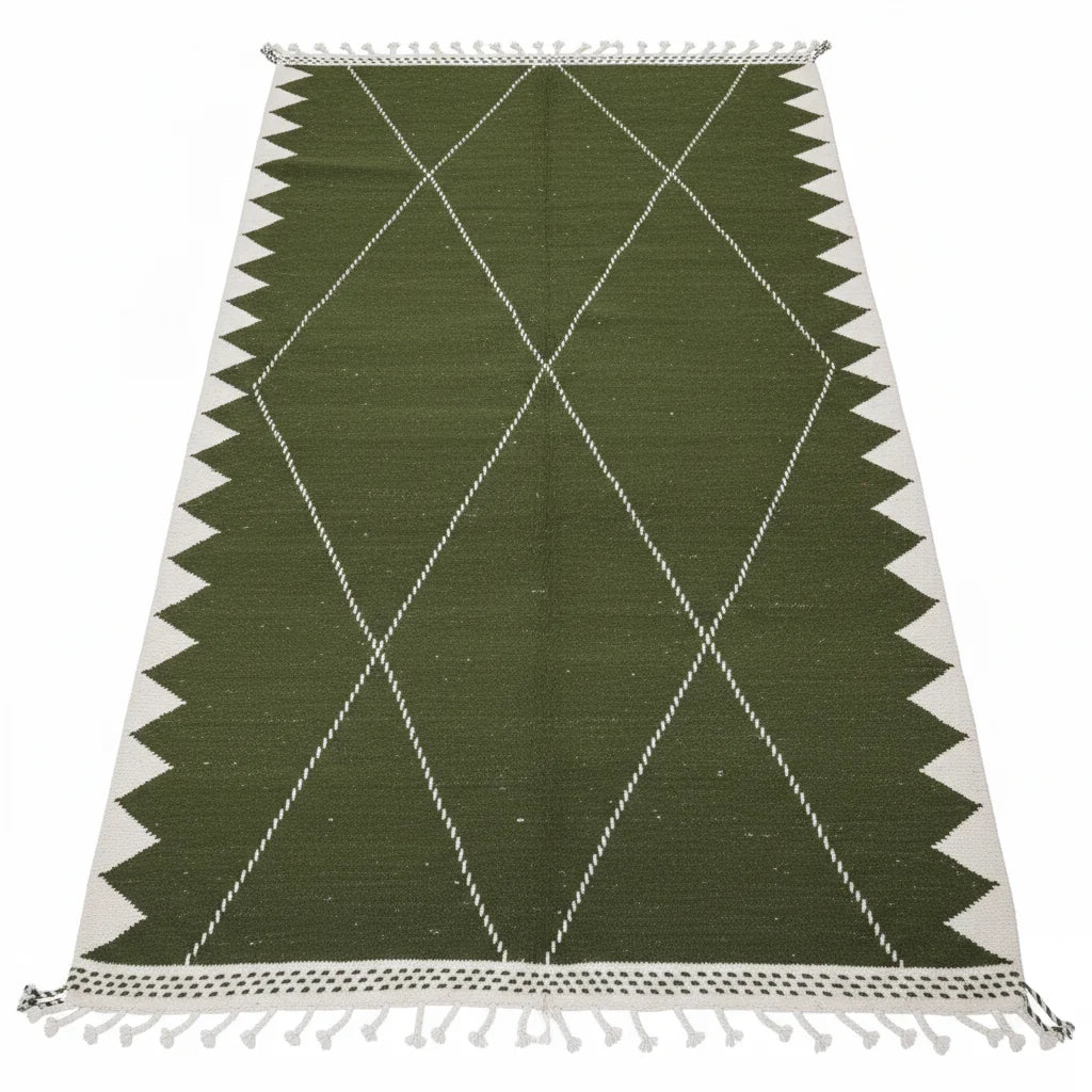 Olive Green Geometric Moroccan Kilim – Handmade Flat-Weave Diamond Lattice Wool Rug