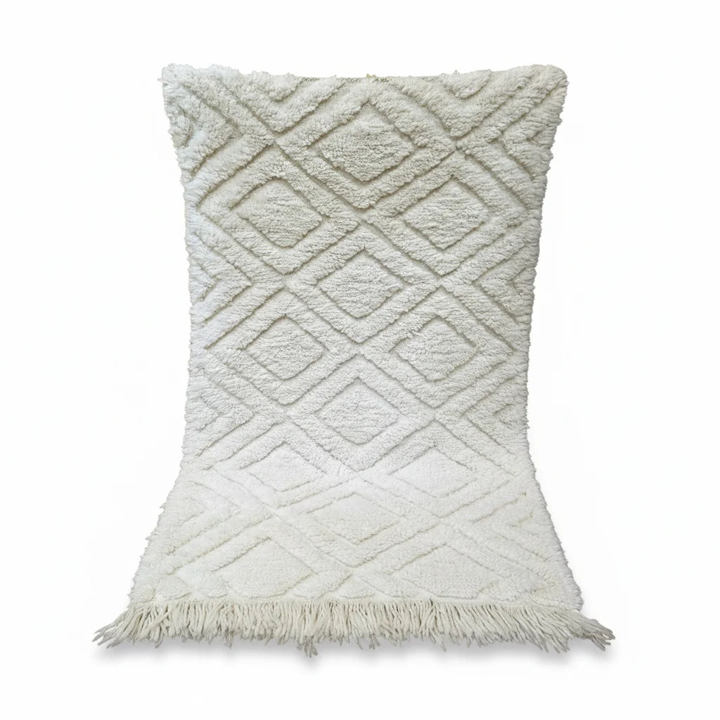 Tonal Ivory Beni Ourain Rug – Handmade Minimalist Diamond Lattice Wool Shag