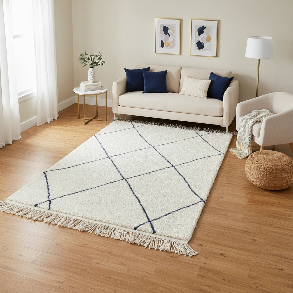 Handwoven Amazigh Beni Ourain Rug – Ivory Wool with Blue Diamond Pattern