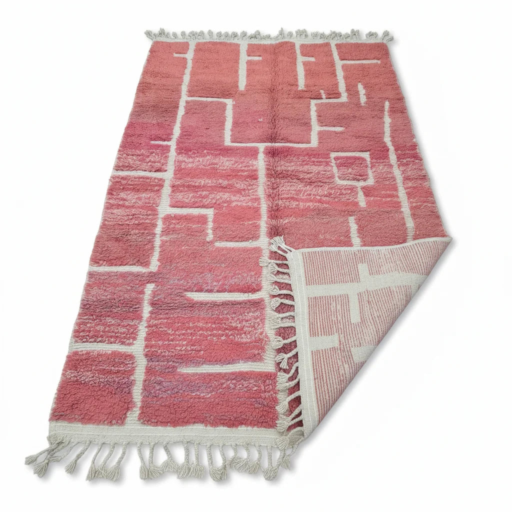 Modern Terracotta Pink & Ivory Moroccan Mrirt Rug – Handmade Abstract Geometric Shag