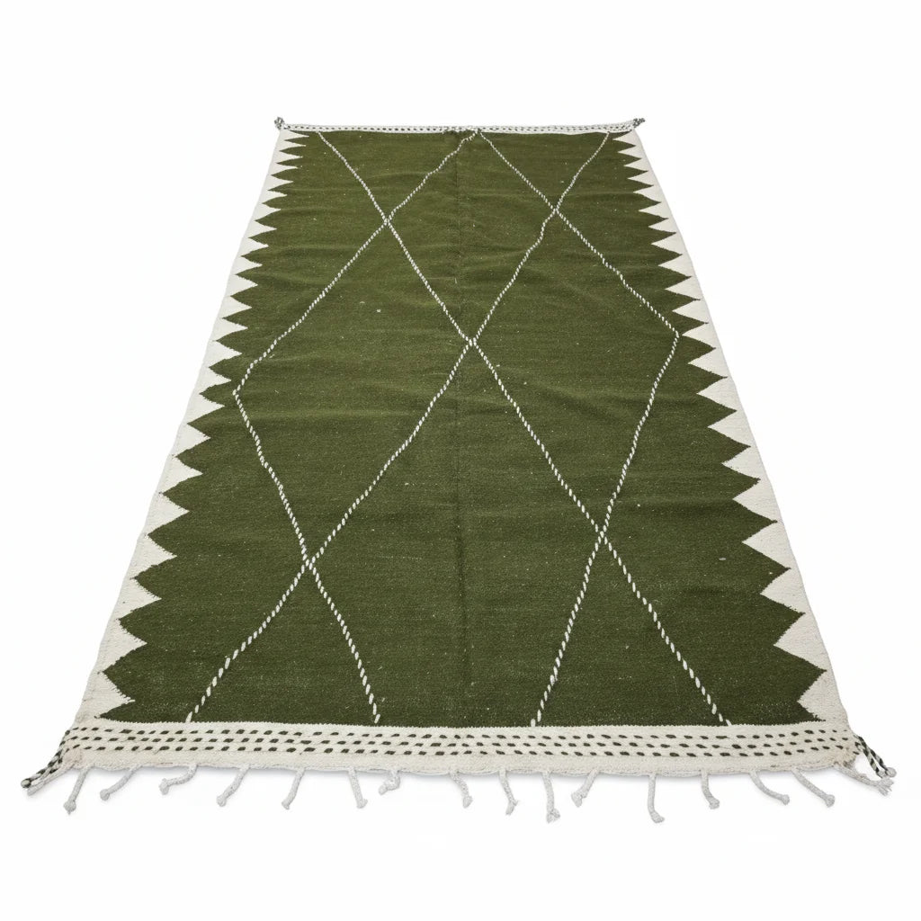 Olive Green Geometric Moroccan Kilim – Handmade Flat-Weave Diamond Lattice Wool Rug