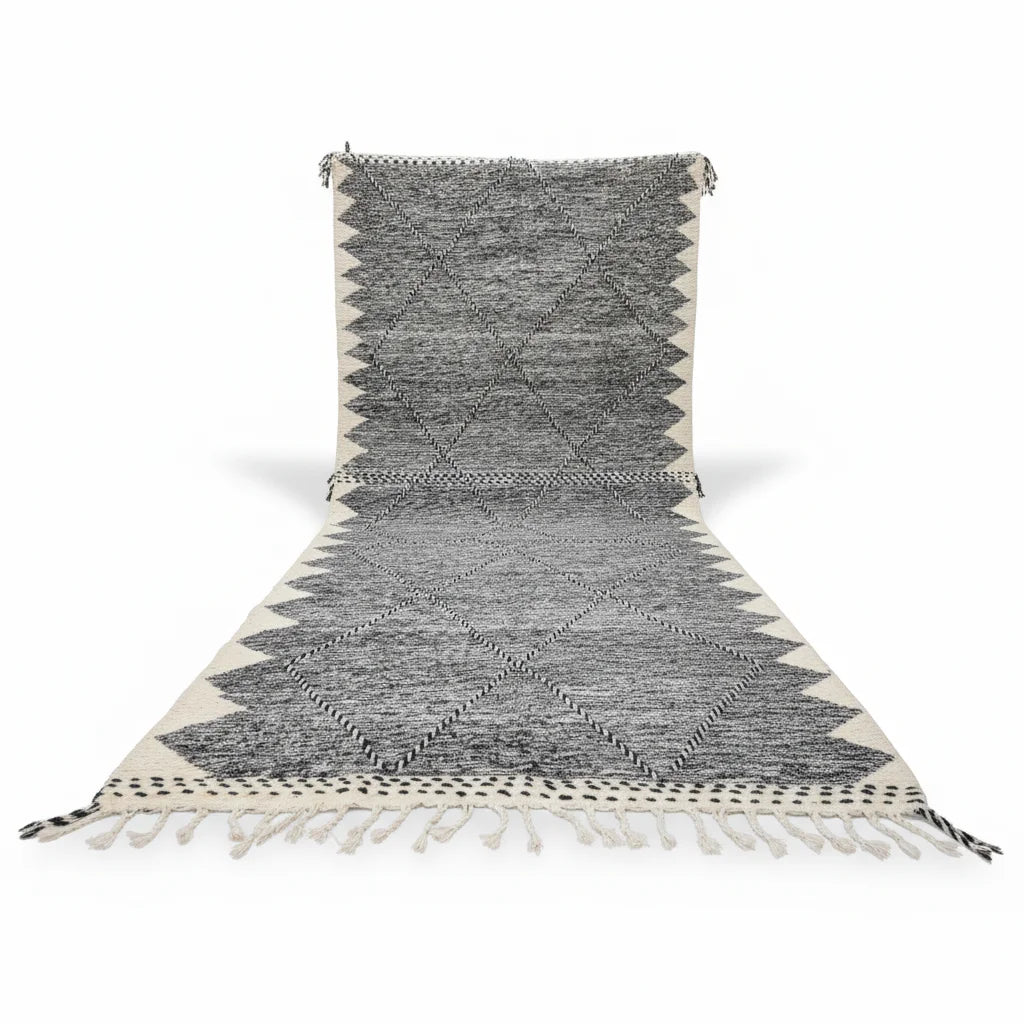 Tonal Ivory Beni Ourain Runner – Handmade Minimalist Diamond Lattice Wool Shag