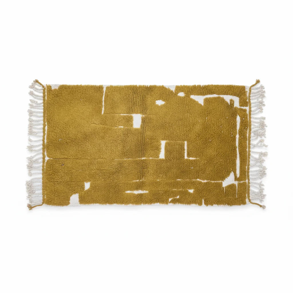 Abstract Mustard Gold Moroccan Azilal Rug – Handmade Distressed Wool Shag
