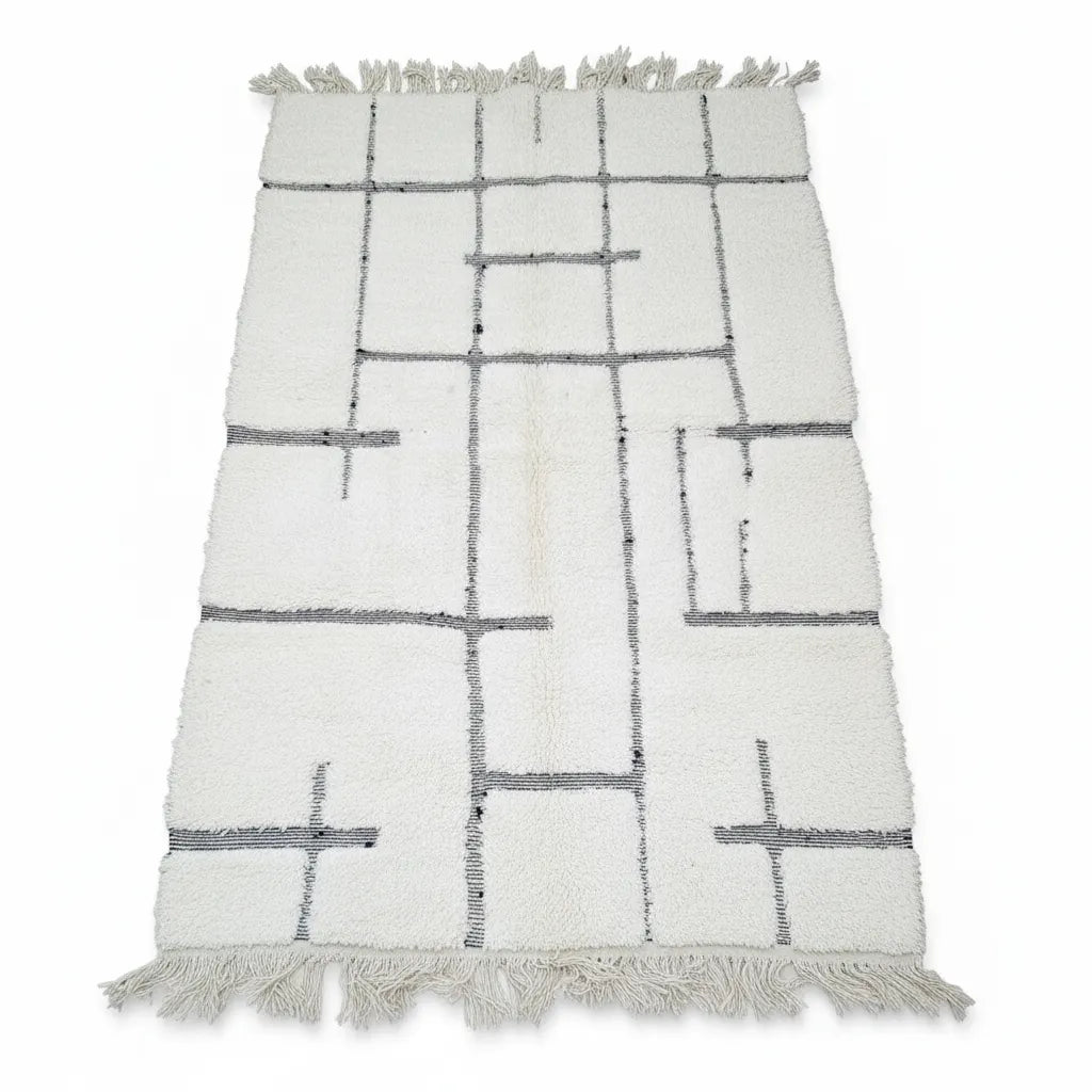 Beni Ourain Moroccan Rug – Ivory Wool with Abstract Black Lines