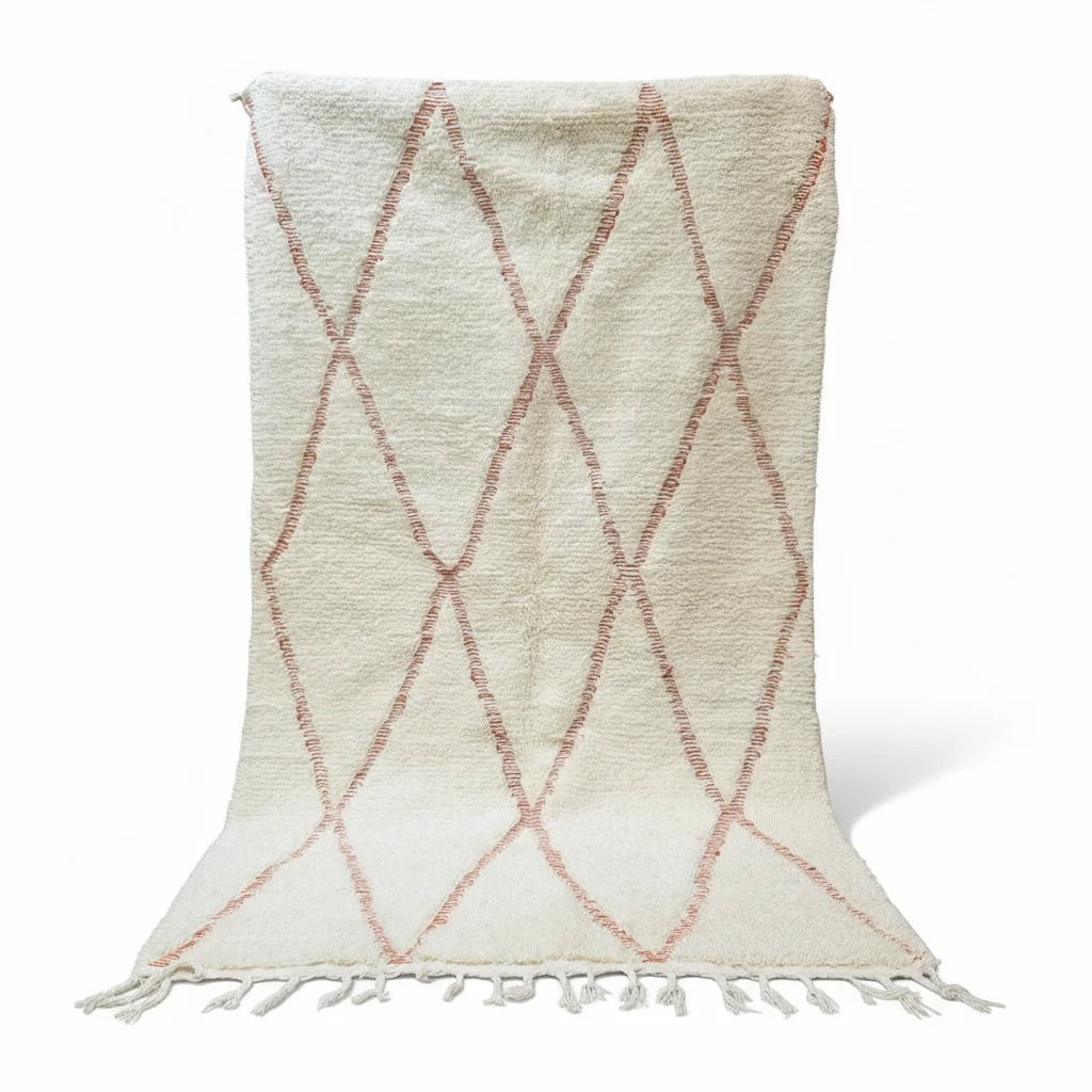 Handmade Moroccan Beni Ourain Wool Rug - White & Burnt Orange Diamond Shag