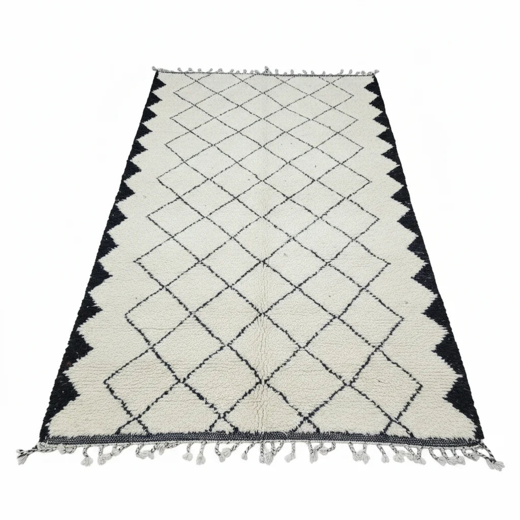Sawtooth Border Beni Ourain Rug – Handmade Black Diamond & Zigzag Shag