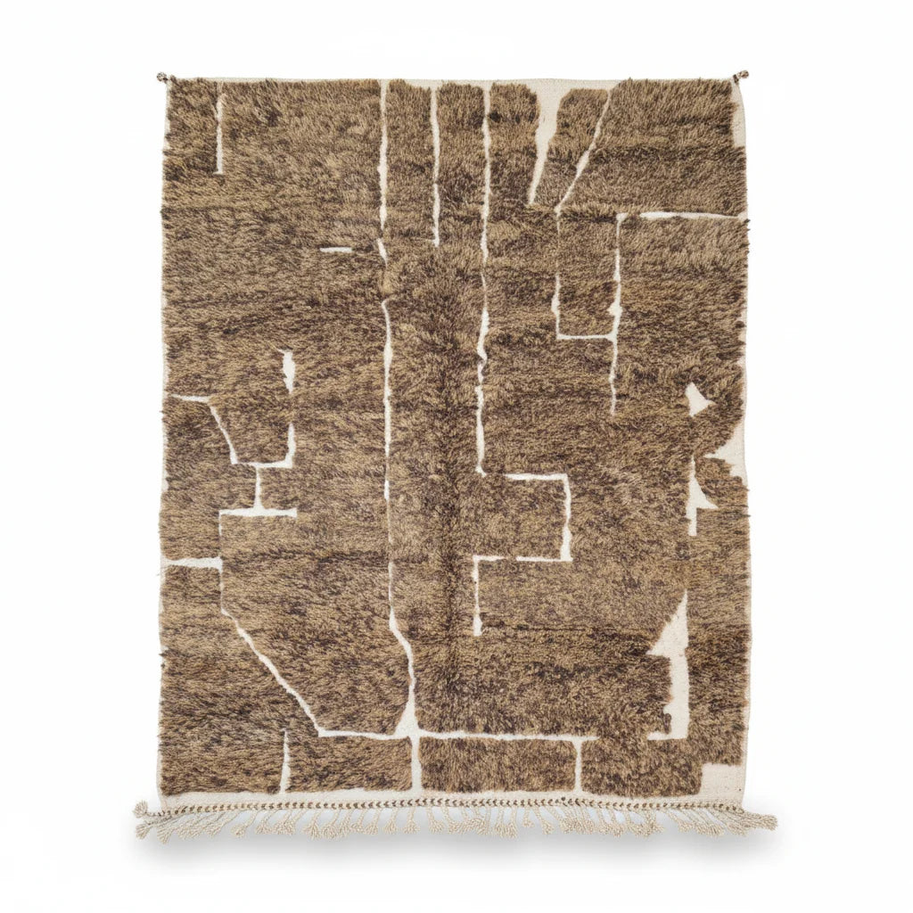 Modern Chocolate Brown & Ivory Moroccan Mrirt Rug - Handmade Abstract Block Shag