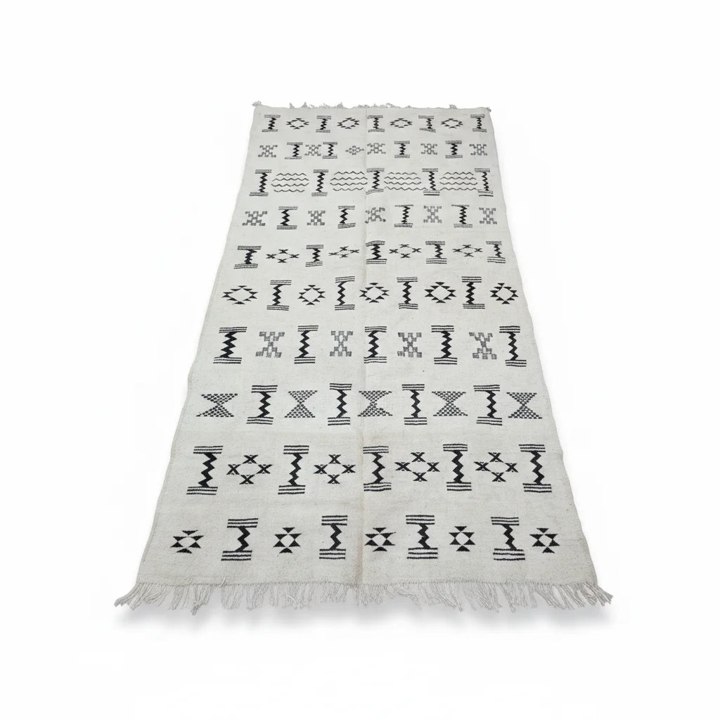 Geometric Tribal Moroccan Kilim Runner – Handmade Black & Ivory Flat-Weave Wool Rug