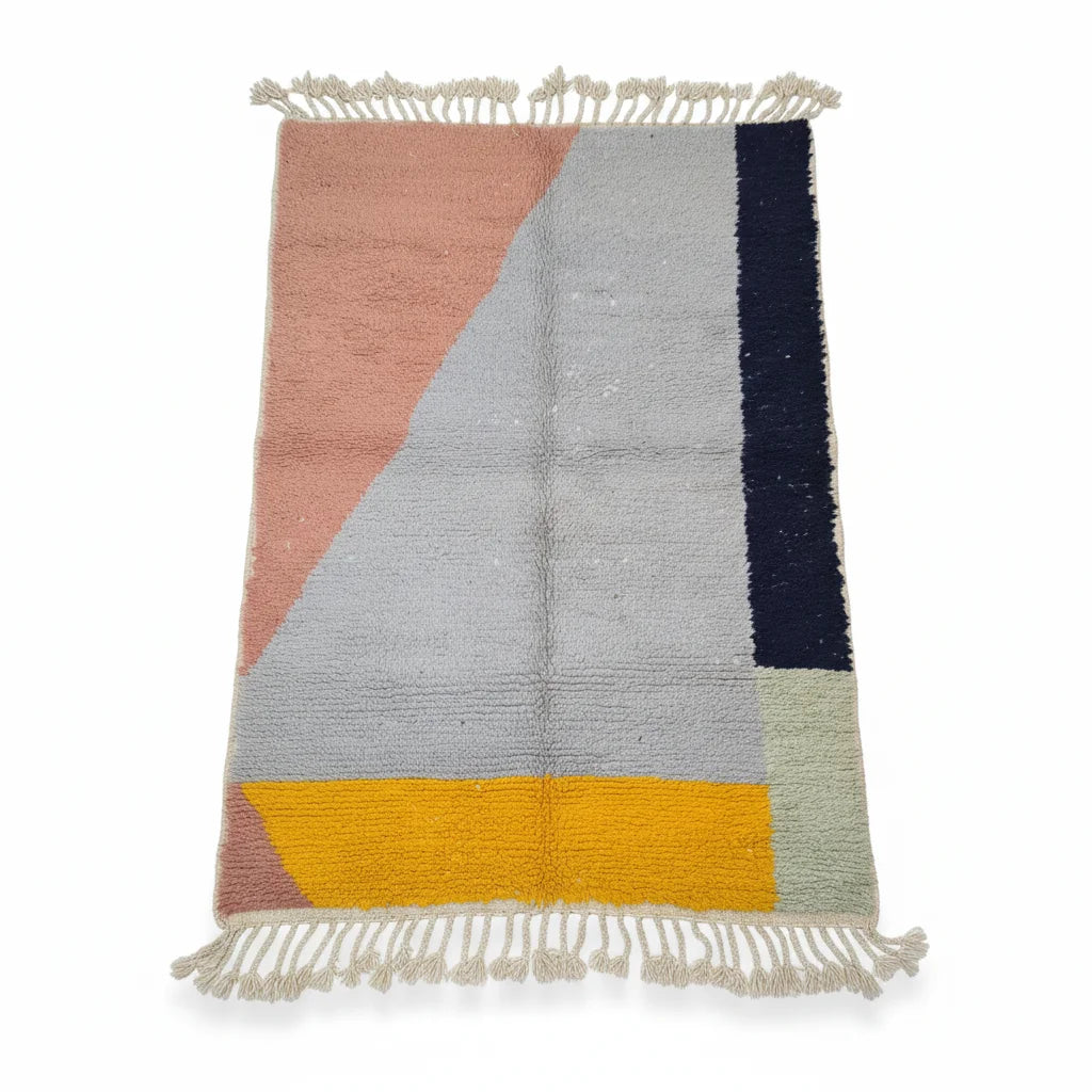 Abstract Geometric Moroccan Azilal Rug – Handmade Multi-Color Patchwork Wool Shag
