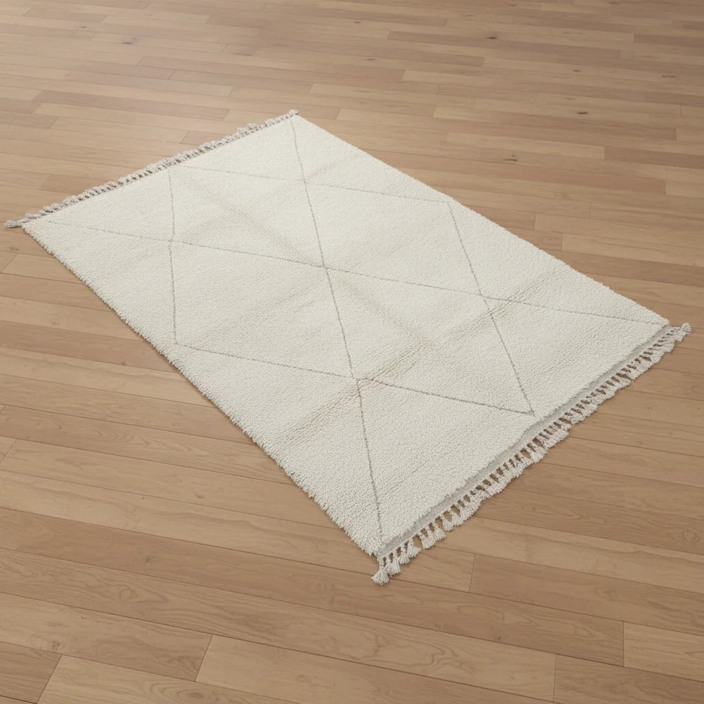 Tonal Ivory Beni Ourain Rug – Handmade Two Line Diamond Wool Shag